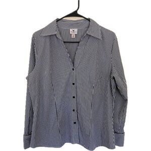 Worthington Womens Black & White Striped Button-Up Collared Shirt Size 14 Stretc